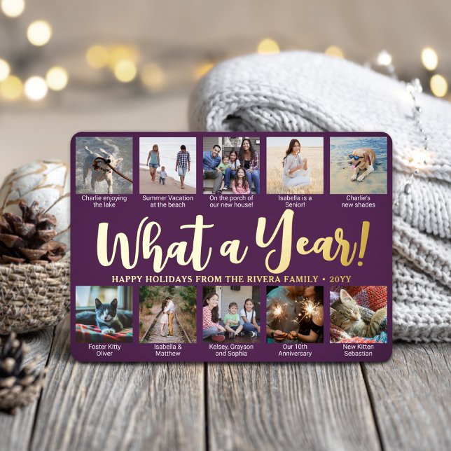 10 Photo Collage Purple What a Year! Trendy Script Foil Holiday Card (Creator Uploaded)
