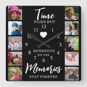 10 Photo Collage Time Flies Memories Stay Quote  Square Wall Clock