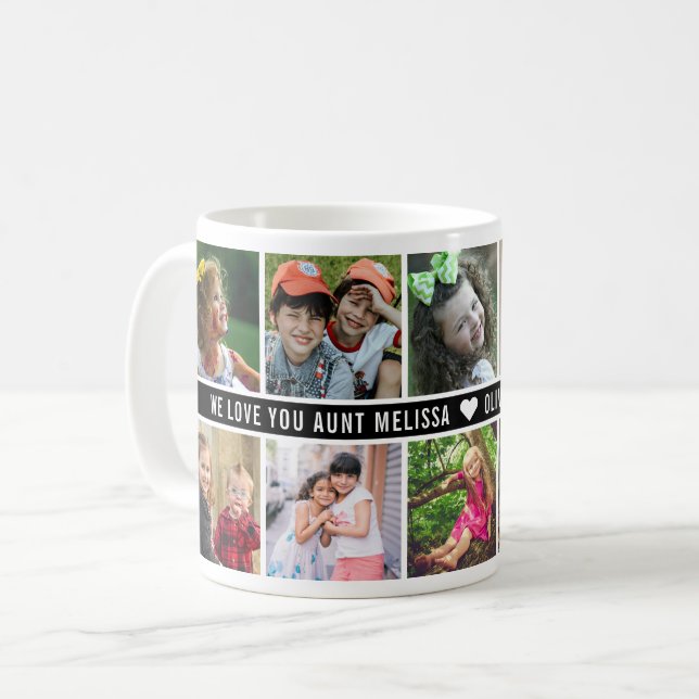 10 Photo Collage We Love You Aunt Black White Coffee Mug (Front Left)