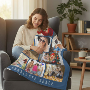 10 Photo Modern Blue Personalised Name Fleece Blanket