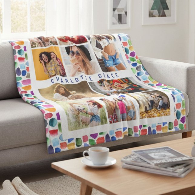 10 Photo Modern Colourful Watercolor Abstract Name Fleece Blanket (Creator Uploaded)