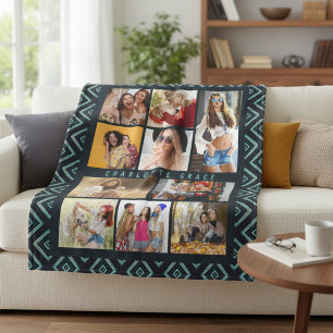 10 Photo Modern Geometric Stylish Name Fleece Blanket