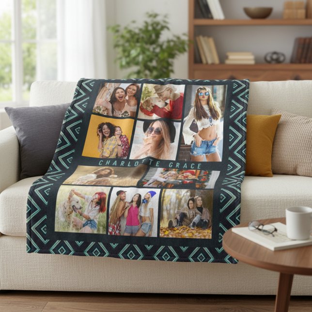 10 Photo Modern Geometric Stylish Name Fleece Blanket (Creator Uploaded)