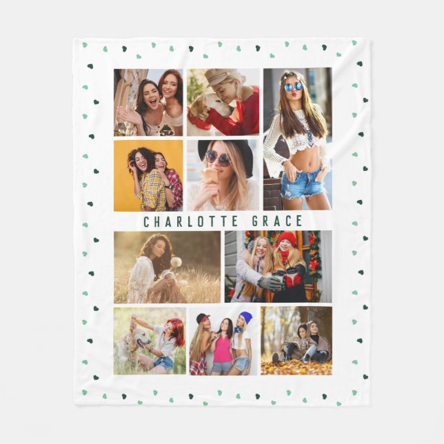 10 Photo Modern Green Romantic Love Heats Name Fleece Blanket (Front)