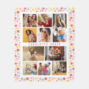 10 Photo Modern Stylish Watercolor Polka Dots Name Fleece Blanket