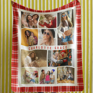 10 Photo Modern Trendy Red Plaid Stylish Name Fleece Blanket