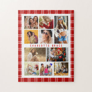 10 Photo Modern Trendy Red Plaid Stylish Name Jigsaw Puzzle