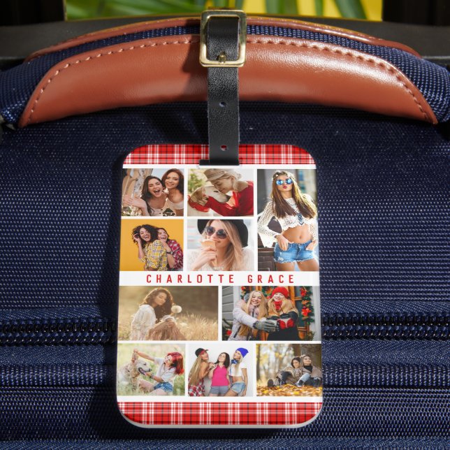 10 Photo Modern Trendy Red Plaid Stylish Name Luggage Tag (Front Insitu 2)