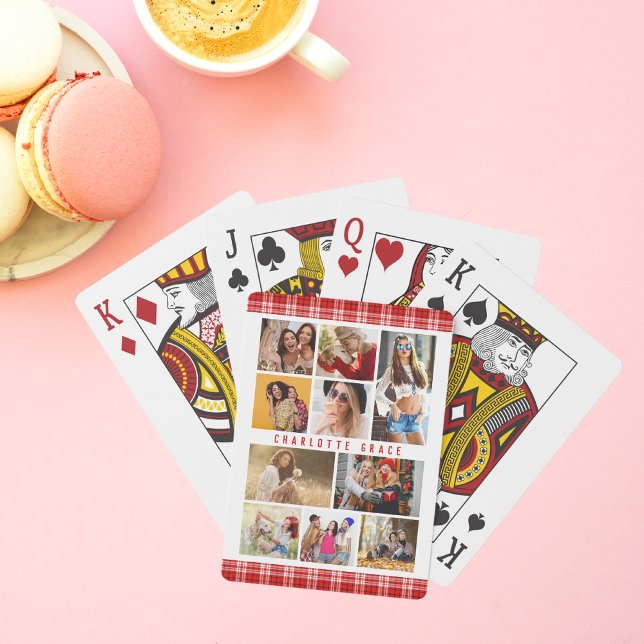 10 Photo Modern Trendy Red Plaid Stylish Name Playing Cards (Creator Uploaded)