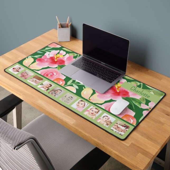 10 Photo Pink Floral Personalised  Desk Mat (Office 2)