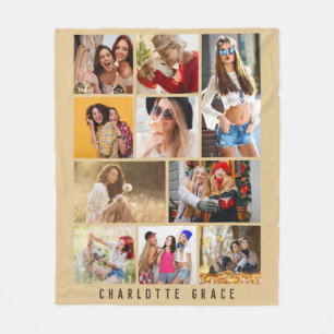 10 Photo Simple Modern Minimal Brown Stylish Name Fleece Blanket