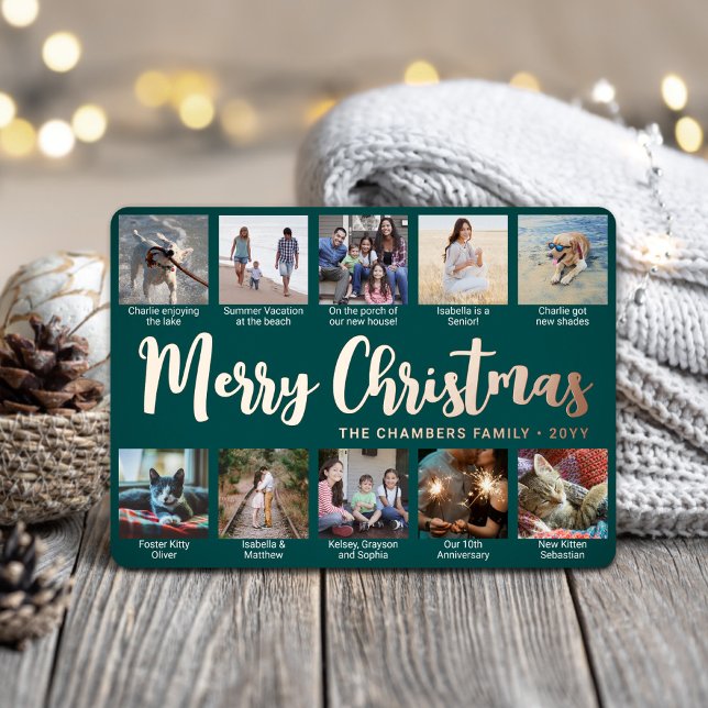 10 Photo Teal Green Merry Christmas Modern Collage Foil Holiday Card (Creator Uploaded)