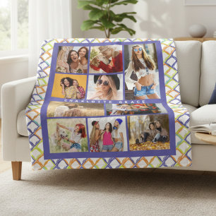10 Photo Trendy Modern Colourful Geometric Name Fleece Blanket