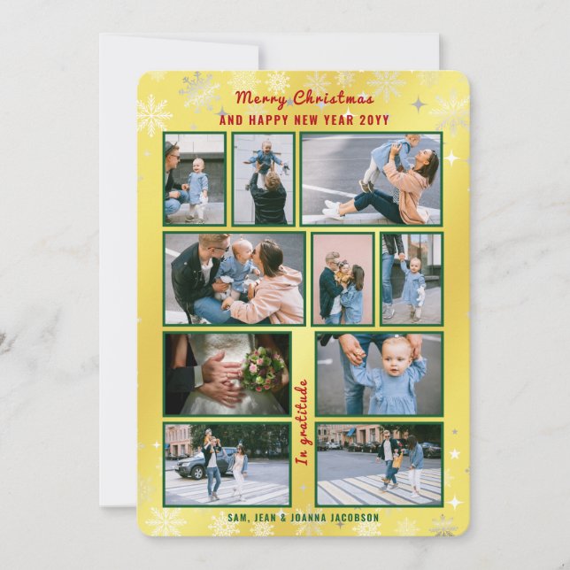 10 Photos Collage Cute Elegant Golden Personalised Holiday Card (Front)