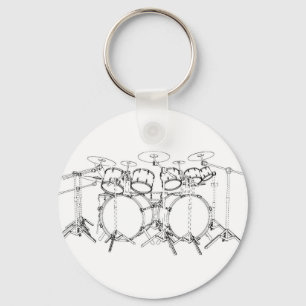 10 Piece Drum Kit: Black & White Drawing: Key Ring