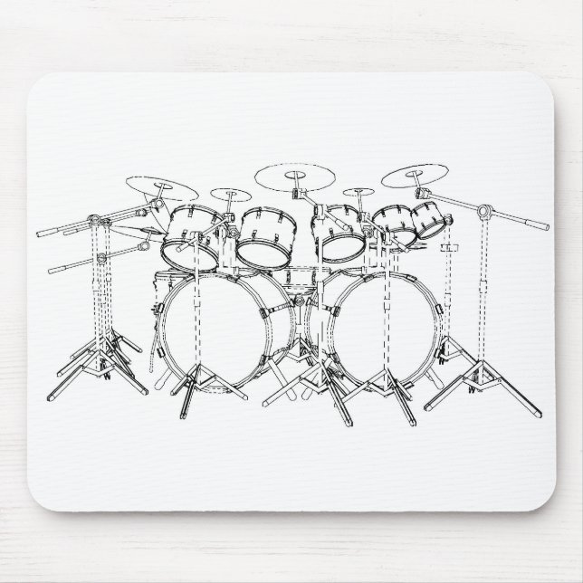10 Piece Drum Kit: Black & White Drawing: Mouse Pad (Front)