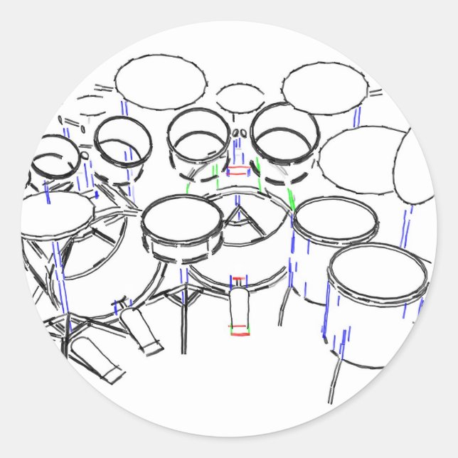 10 Piece Drum Kit: Marker Drawing: Classic Round Sticker (Front)