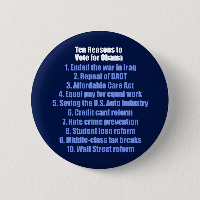 10 Reasons to Vote for Obama 6 Cm Round Badge (Front)