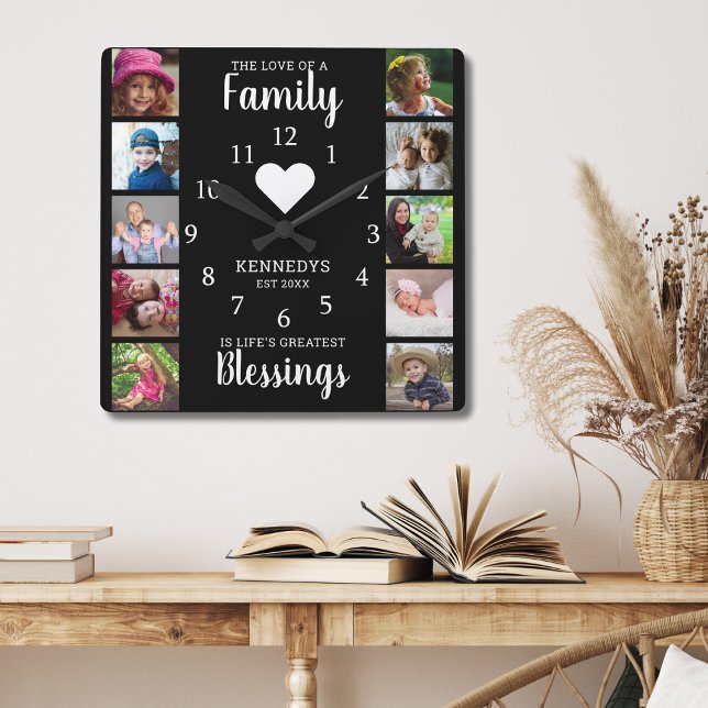 10 Square Photo Collage Family Quote Black White Square Wall Clock (Creator Uploaded)