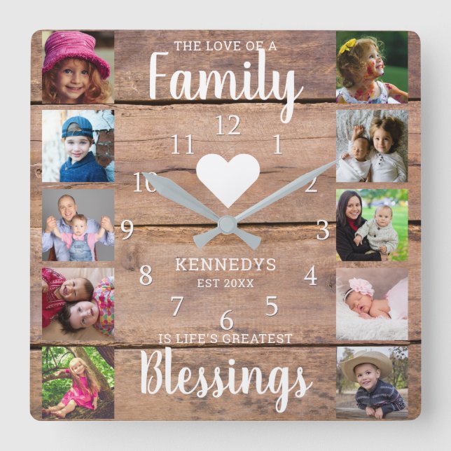 10 Square Photo Collage Family Quote Rustic Wood   Wall Clock (Front)