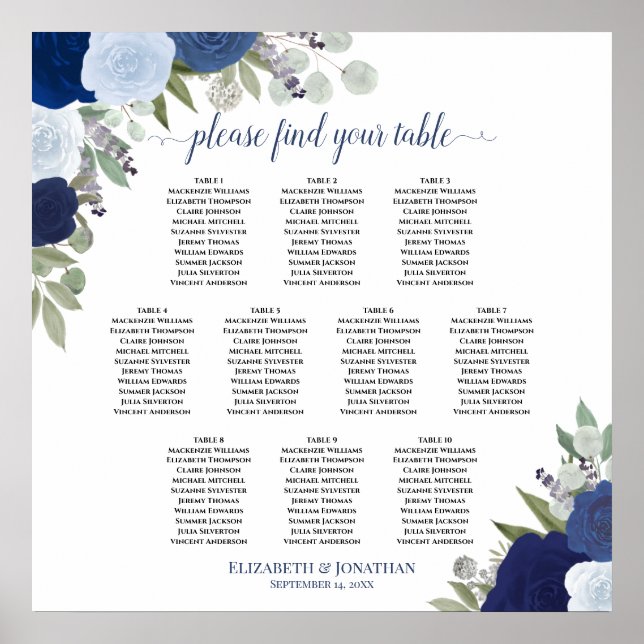 10 Table Blue Roses Elegant Wedding Seating Chart (Front)