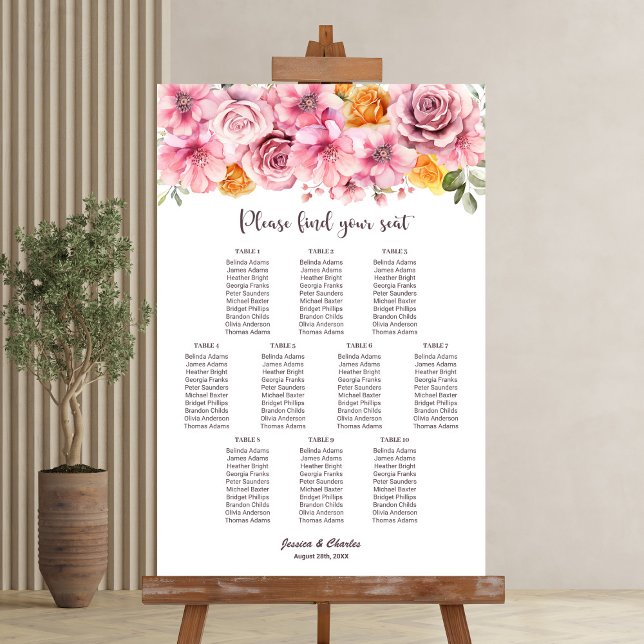10 Table Elegant Pink Floral Wedding Seating Chart (Creator Uploaded)