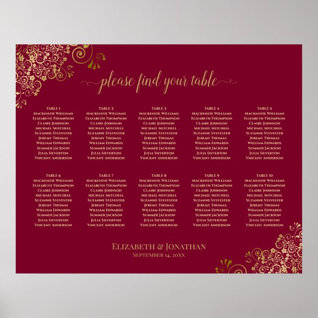 10 Table Gold Frills on Burgundy Elegant Wedding Poster (Front)