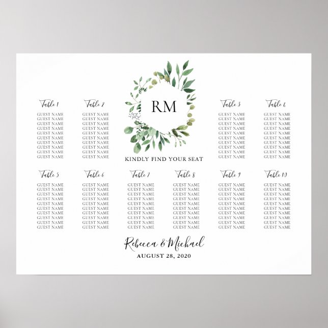 10 Table Monogram Wedding Guest Seating Chart (Front)