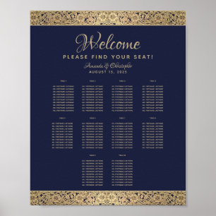 10 Table Navy Blue Wedding Seating Chart Gold Rose