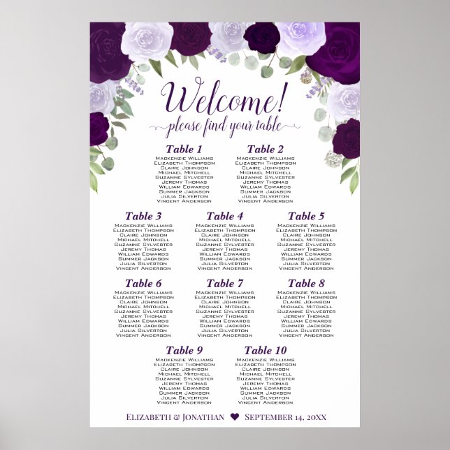 10 Table Purple Boho Roses Vertical Seating Chart (Front)