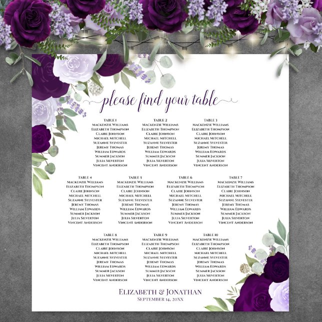 10 Table Purple Roses Chic Wedding Seating Chart (In Situ on Wall with Flowers)