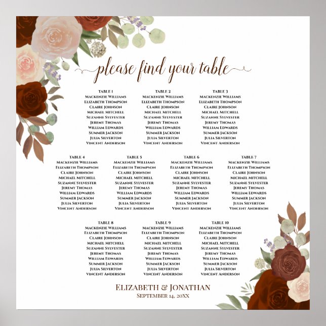 10 Table Rust Orange Roses Wedding Seating Chart (Front)