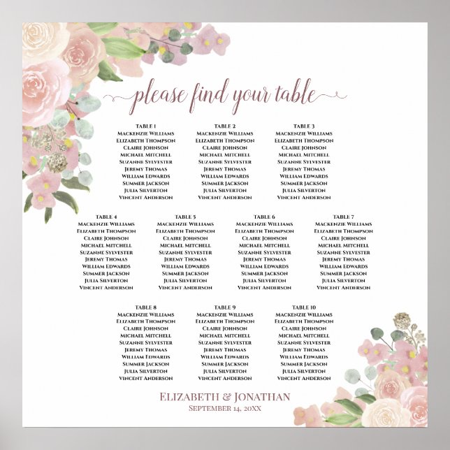10 Table Rustic Pink Floral Wedding Seating Chart (Front)