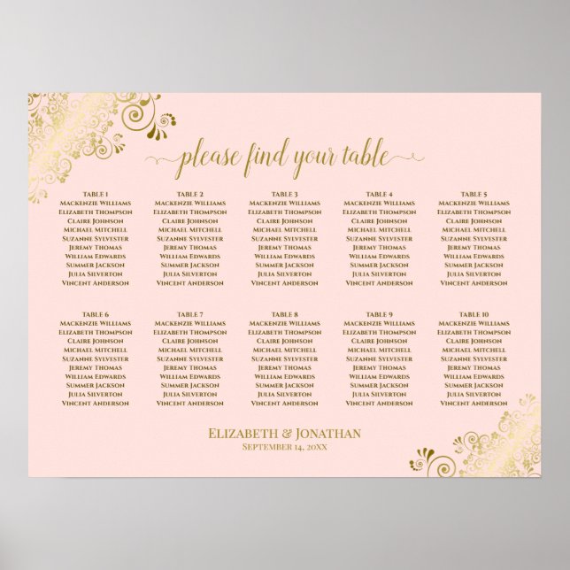 10 Table Wedding Seating Chart Blush Pink & Gold (Front)