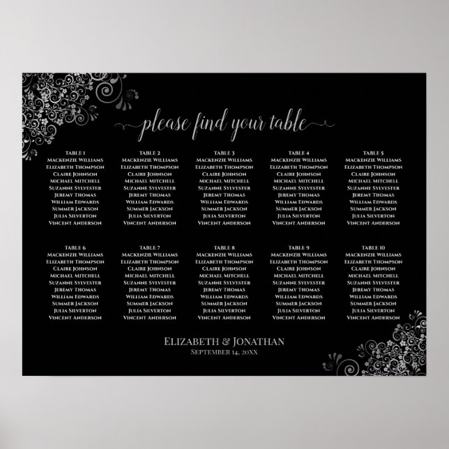 10 Table Wedding Seating Chart Lacy Silver & Black (Front)
