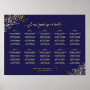 10 Table Wedding Seating Chart Navy Blue Gold Lace