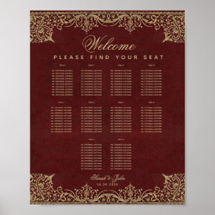 10 Tables Burgundy and Gold Wedding Seating Chart