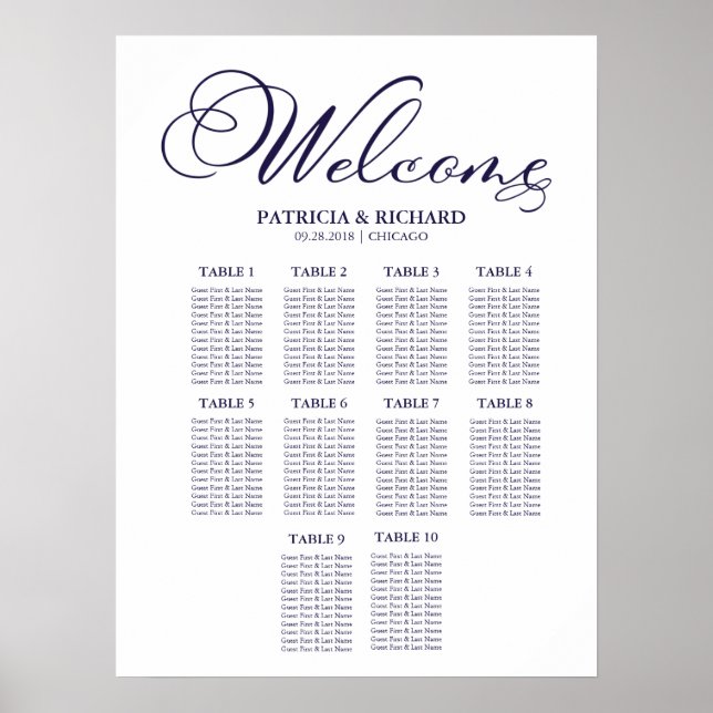 10 Tables Wedding Seating Chart Board Simple (Front)