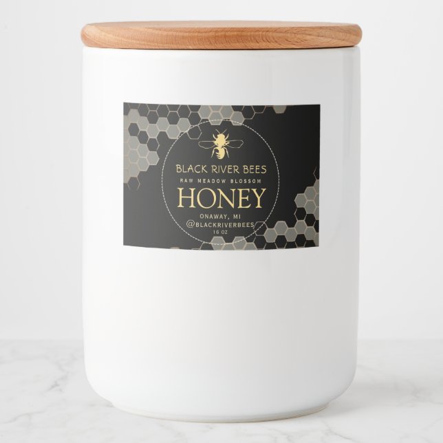 10 Waterproof Honeycomb Bee Raw Honey Label Black (Front)