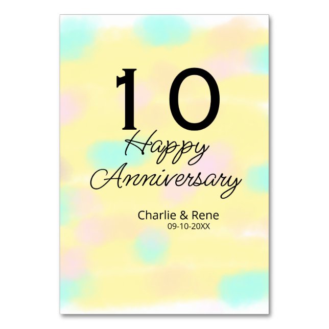10 wedding anniversary yellow pastel name retro bo table number (Front)