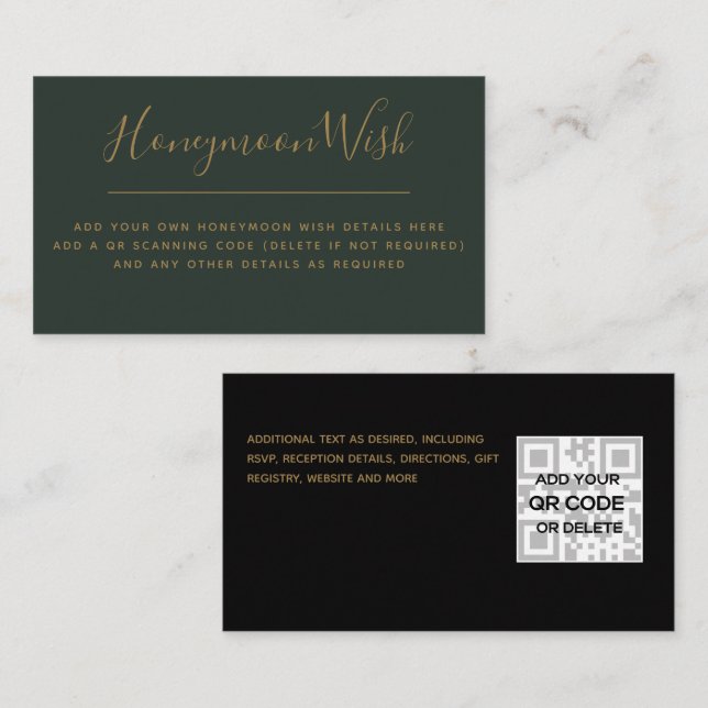 10 x Sage Green Gold Honeymoon Wish QR Code  Enclosure Card (Front/Back)