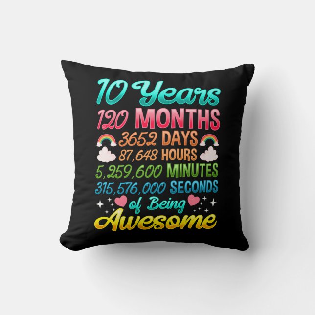 10 Year old 120 Months 10th Birthday Party Rainbow Cushion (Front)