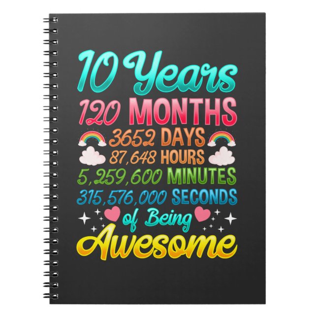 10 Year old 120 Months 10th Birthday Party Rainbow Notebook (Front)
