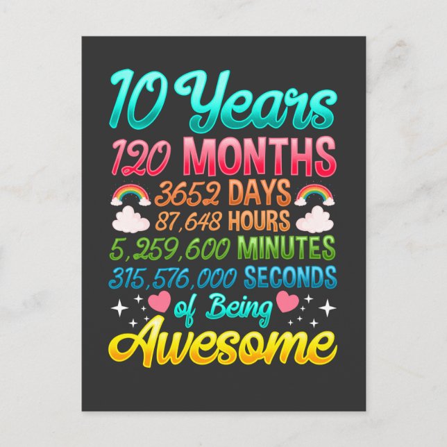 10 Year old 120 Months 10th Birthday Party Rainbow Postcard (Front)