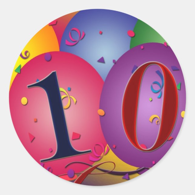 10 year old birthday balloons! classic round sticker (Front)