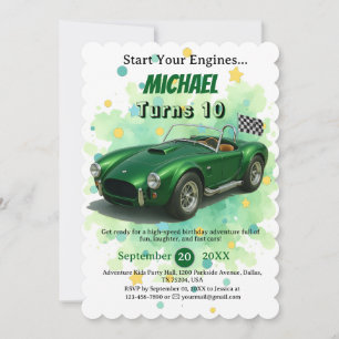 10 Year Old Birthday Party Green Racing Car Invitation