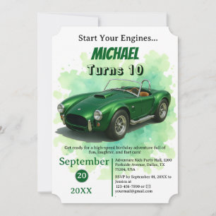 10 Year Old Birthday Party Green Racing Car Invitation