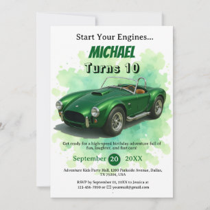 10 Year Old Birthday Party Green Racing Car Invitation