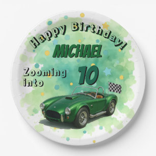 10 Year Old Birthday Party Green Racing Car Paper Plate