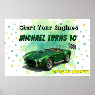 10 Year Old Birthday Party Green Racing Car Poster